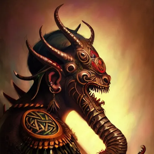 Image similar to side profile of barong family member, wiwek, mara demon, one single tribe member, jungle, one single mask, dark, ancient viking warrior, snake, cameleont, tribal, inner glow, paint by peter mohrbacher