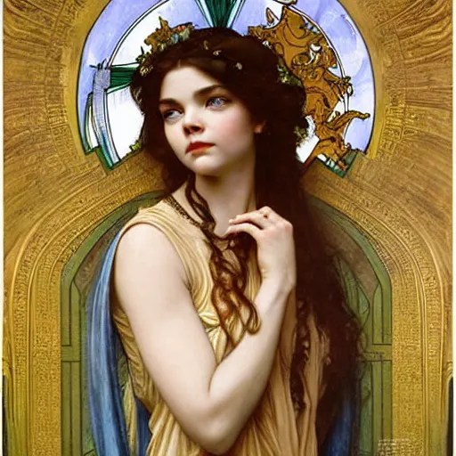 Image similar to detailed portrait art nouveau painting of the goddess of the sun who resembles Anya Taylor Joy, Chloe Grace Moretz, and Emma Watson in a art nouveau cathedral by Alphonse Mucha, Michael Whelan, William Adolphe Bouguereau, John Williams Waterhouse,