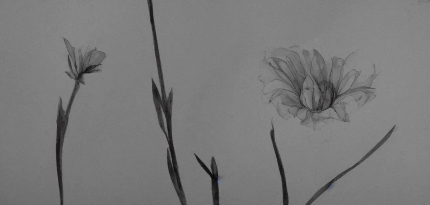 Image similar to A neglected flower, realism representation, beautiful idyllic, minimal shading, idealised, transparent wash, mirror glazed, haloed edges, high contrast