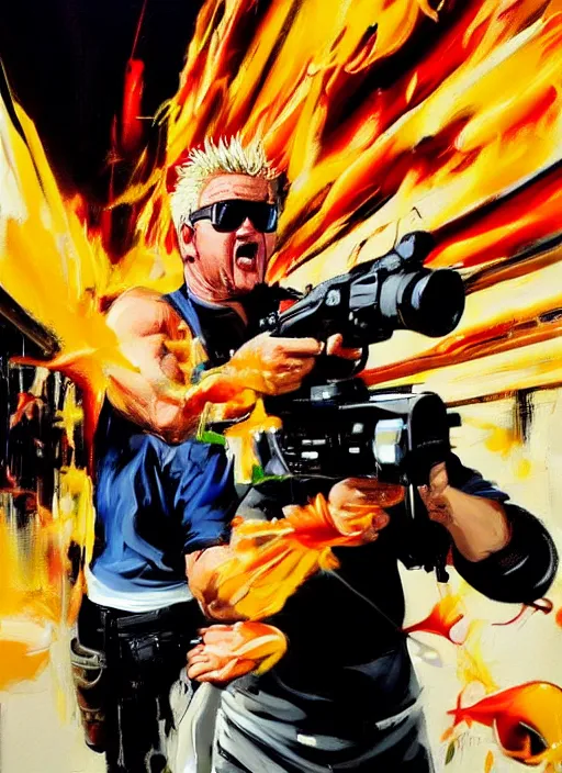 Prompt: gordon ramsay shooting guy fieri, shooting, muzzle flash, enraged, painting by phil hale, 'action lines'!!!, graphic style, visible brushstrokes, motion blur, blurry