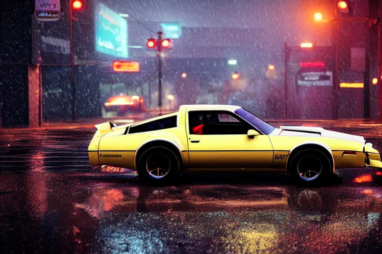 Image similar to hyperdetailed, photorealistic photograph of a 1 9 8 2 pontiac firebird trans - am drifting in the streets, rain, night, dense fog, hd, unreal engine 5 by greg rutowski, by stanley artgerm, by alphonse mucha