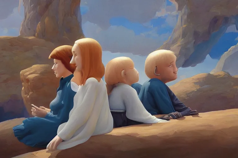 Image similar to beautiful painting of friends, beautiful faces, sitting on the edge, cute, soft light, digital painting by ralph mcquarrie and benoit b mandelbrot