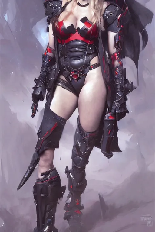 Image similar to portrait of dark eldar Harley Quinn in bikini armor, dc comics, cyberpunk, Warhammer 40000, dark fantasy, digital art from artstation by Ruan Jia and Mandy Jurgens and Artgerm and william-adolphe bouguereau