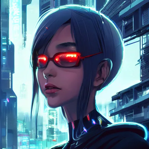 Image similar to A comic potrait of a cyberpunk cyborg girl with big and cute eyes, fine-face, realistic shaded perfect face, fine details. Night setting. Very anime style. Realistic shaded lighting poster by Ilya Kuvshinov katsuhiro, magali villeneuve, artgerm, Jeremy Lipkin and Michael Garmash, Rob Rey and Kentarõ Miura style, trending on art station