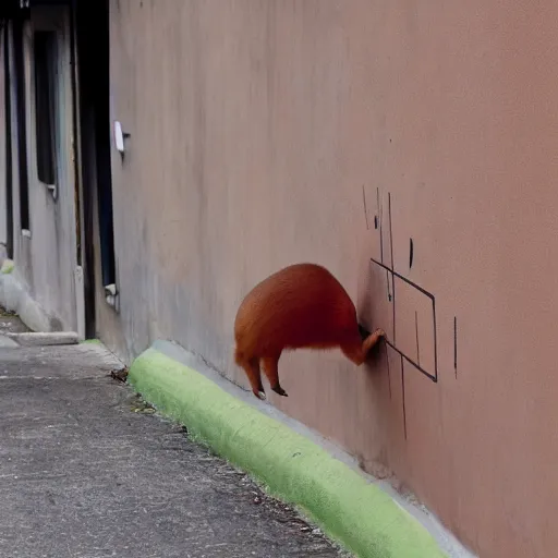 Prompt: a capybara using a red pencil to draw a bicycle on a wall