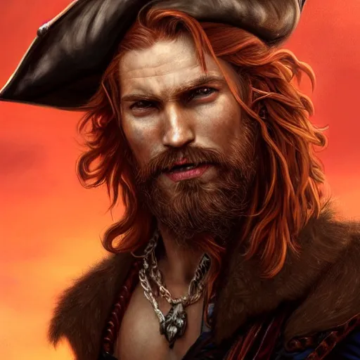 Prompt: portrait of a young pirate, 30 years old, male, ruggedly handsome, masculine, upper body, red hair, long hair, D&D, fantasy, intricate, elegant, highly detailed, cinematic lighting, digital painting, artstation, concept art, seductive, cutscene, sharp focus, illustration, art by Artgerm and Greg Rutkowski and Alphonse Mucha