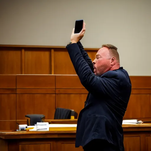 Prompt: Alex Jones desperately reaching for his out of reach phone in the courtroom, (EOS 5DS R, ISO100, f/8, 1/125, 84mm, RAW, sharpen, unblur)