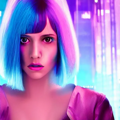 Prompt: joi from blade runner 2 0 4 9 as a giant pink skinned translucent hologram with blue hair, neo noire