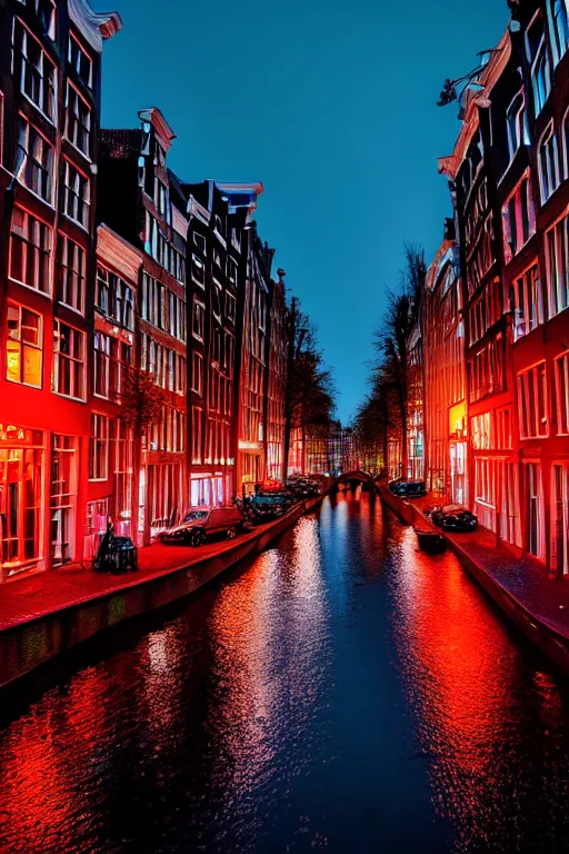 Image similar to neon streets of amsterdam, 4 k, award winning photo, cyberpunk style