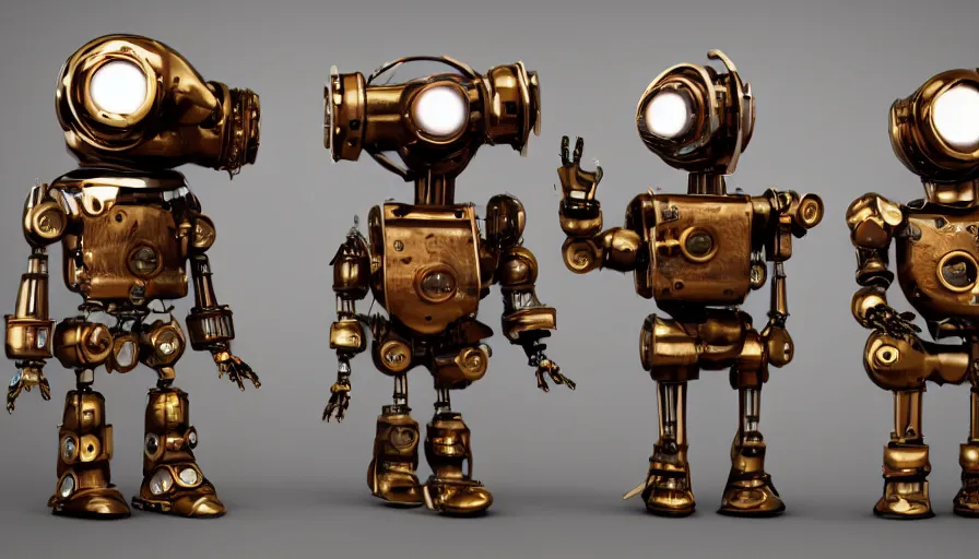 Image similar to two cute steampunk robots with human skin and large shiny eyes smiling and waving, isolated on white background, cinematic lights, 3D occlusion