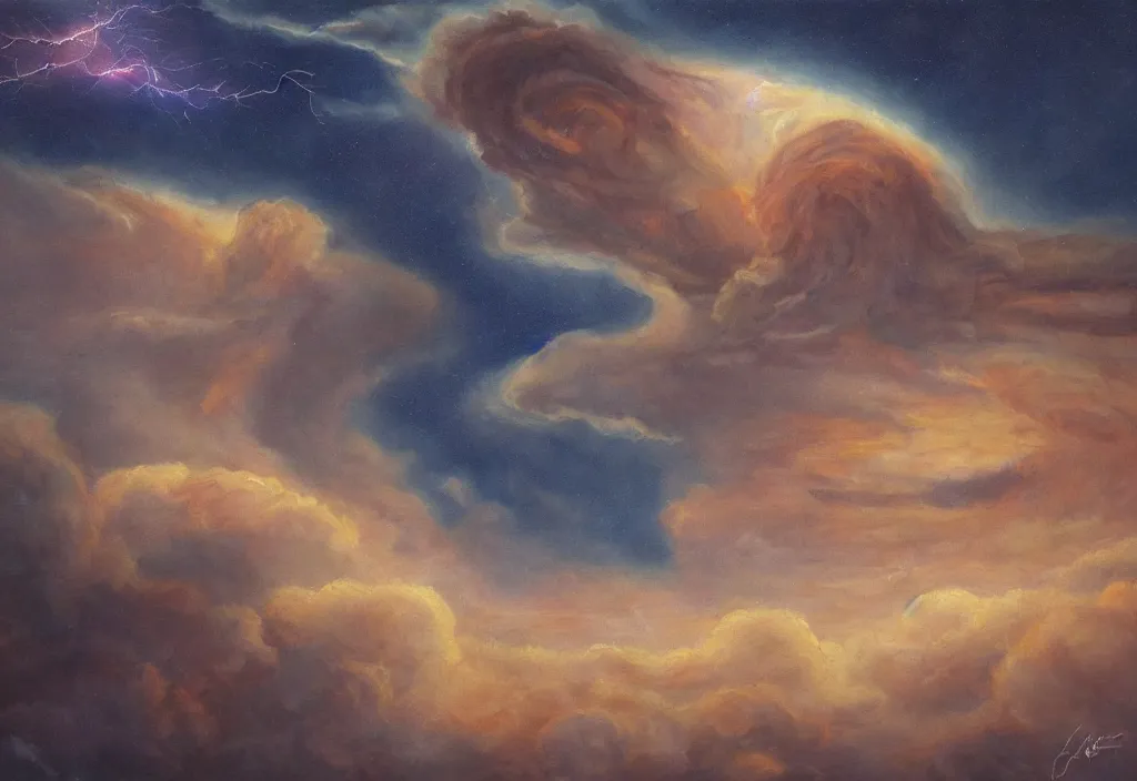 Prompt: jupiter cloudscapes, cinematic lightning, dramatic, highly detailed, oil painting,