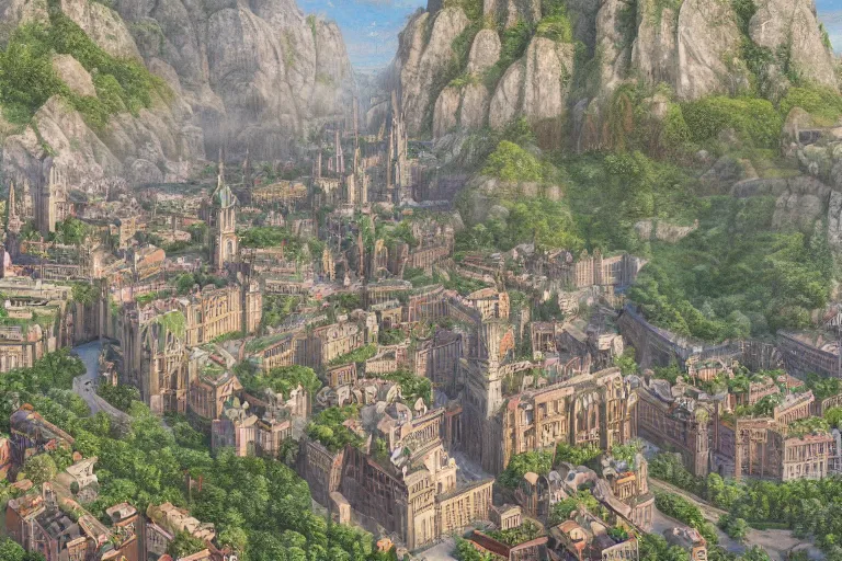 Image similar to an ultra detailed matte landscape painting of an german renaissance capital city built into the side of a mountain with many tall spirally towers, sweeping vista, tiny coastal fishing village very far away, ultrawide lens, aerial photography, 8 k, volumetric lighting, smooth, highly detailed, digital illustration, art by greg rutkowski and akira toriyama and artgerm