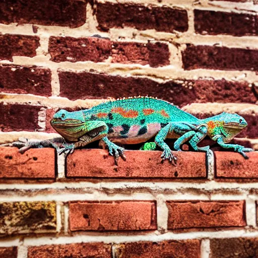 Prompt: a chameleon with leopard pattern on skin sitting on a brick wall, highly detailed, 8K, supersharp photo