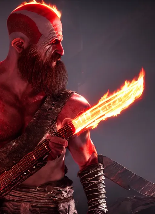 Prompt: red left eye paint stripe armored screaming kratos rocking out on a flaming stratocaster guitar, cinematic render, god of war 2 0 1 8, playstation studios official media, lightning, flames, clear, coherent
