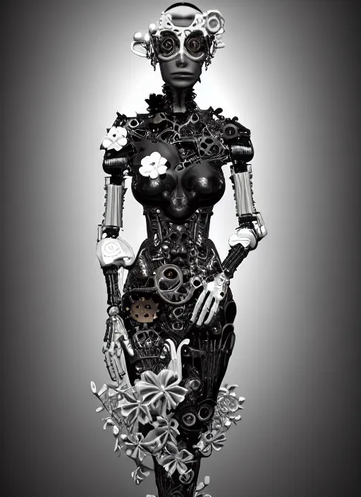 Image similar to black and white 3 d model, biomechanical female cyborg with porcelain profile face and a big floral eye, big leaves foliage and stems, morning glory flowers, hibiscus flowers, boho floral vines, sinuous fine roots, fine filigree foliage lace, alexander mcqueen, rim light, art nouveau fashion pearl embroidered, steampunk, redshift render, 8 k