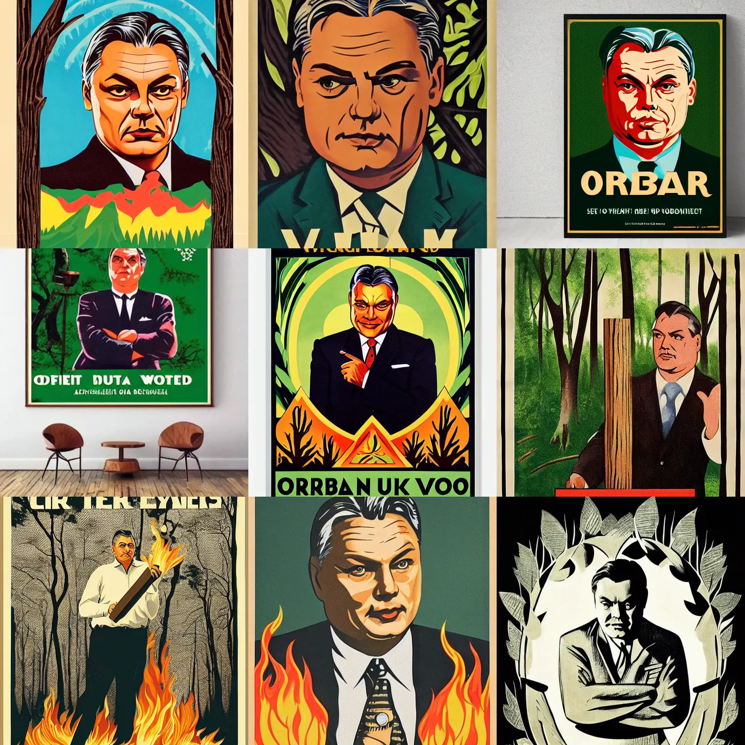 Prompt: symmetry!! vintage art deco poster of viktor orban in a forest, holding a burning wood piece, highly detailed face