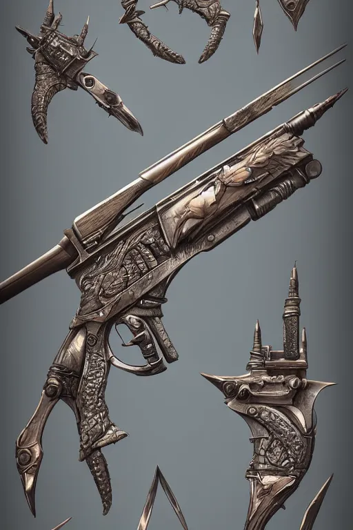 Prompt: delicate weapon!!!!!, photorealistic art style, fantasy aesthetic. comprehensive art, thorough details, intricate, artstation, cgsociety contest winner