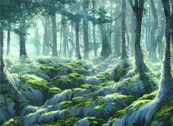 Image similar to Blue wispy forest, villages, tall trees, pipes, moss, by Miyazaki, James Jean, trending on Artstation