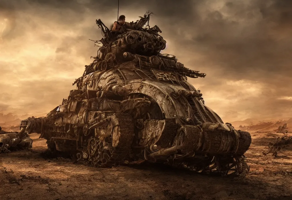Prompt: beautiful apocalyptic mad max panzer tank, 4k ultra hd, fantasy dark art, artstation, octane render