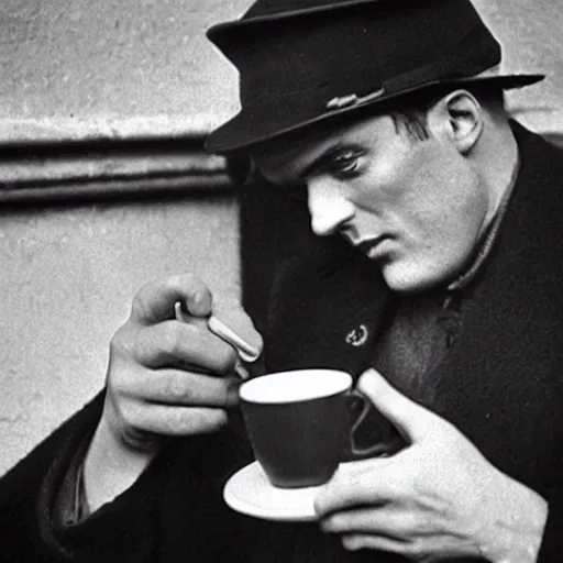 Image similar to Vladimir Mayakovsky drinking coffee at Starbucks