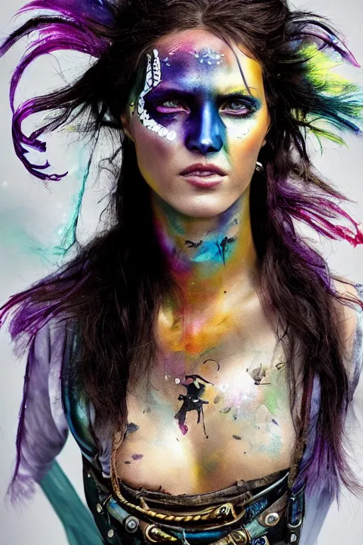 Image similar to a swashbuckling woman pirate portrait in national geographic, her clothing is sheer and futuristic, painted with iridescent face paint