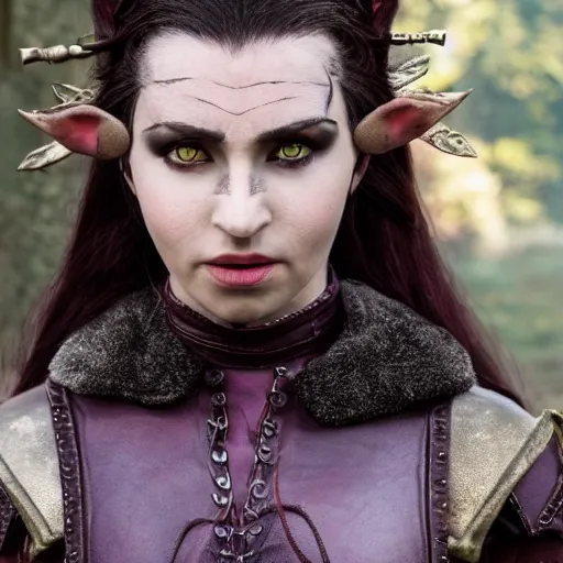 Image similar to anya charlota as a medieval fantasy tolkien elf, dark purplish hair tucked behind ears, wearing leather with a fur lined collar, wide, muscular build, scar across the nose, one black, scaled arm, cinematic, character art, real life, 8 k, detailed.