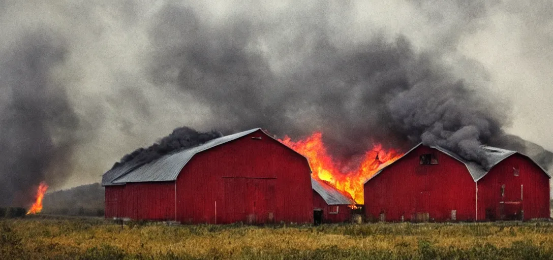 Image similar to full portrait of a modern red farm::forest behind the barn is on fire:: inferno, smoke, flames, dark, gloomy, horror, screaming:: insanely detailed, photorealistic:: cinematic, dramatic lighting,