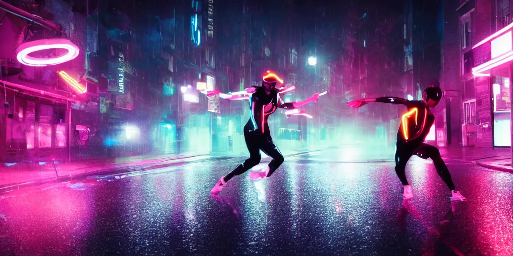 Prompt: cinematic camera wide angle of slow motion film still of futuristic break dancer wearing latex with neon lights, long exposure shot , at night in the middle of a rainy and foggy street, paddle of water, water splashes, rim lights, glossy reflections, water droplets on lens, octane render, detailed and soft, by laurie greasley