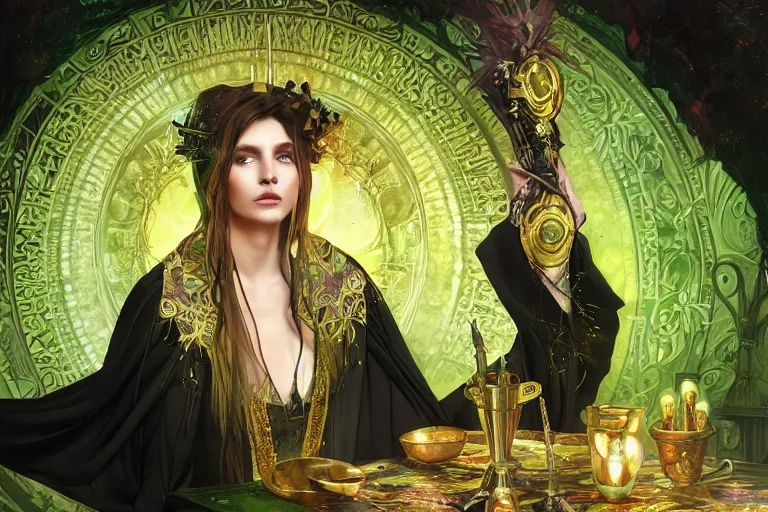 Image similar to a sorceress wearing a black robe with gold embroidery, sitting at table, casting a spell, green glows, painted by artgerm and tom bagshaw and alphonse mucha, in the style of magic the gathering, highly detailed digital art