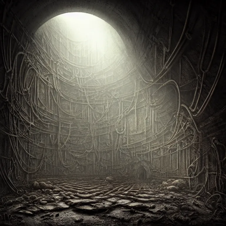 Prompt: portrait of ribbed abandoned biomechanical tunnel in a desolate empty wasteland, creepy, nightmare, dream-like heavy atmosphere, surreal abandoned buildings, baroque painting, beautiful detailed intricate insanely detailed octane render trending on Artstation, 8K artistic photography, photorealistic, chiaroscuro, cinematic volumetric light, Raphael, Caravaggio, Beksinski, Giger