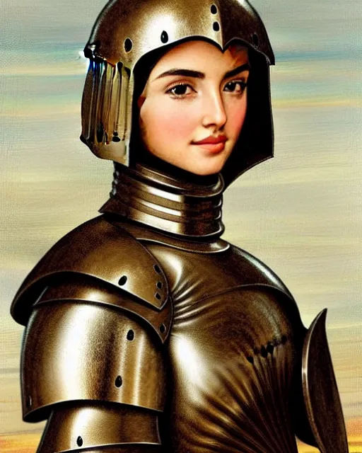 Prompt: medieval portrait of beautiful ana de armas dressed as an armored battle knight, in the style of eugene de blaas