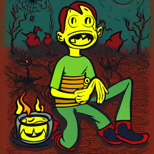 Prompt: spooky boy lit by campfire, illustration in the style of Jamie Hewlett, bold colors