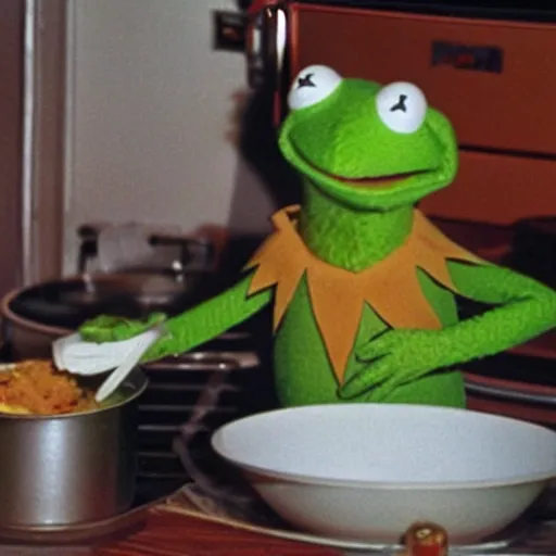 Prompt: kermit the frog cooking in 1980
