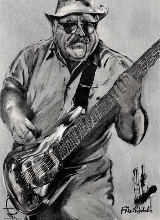 Image similar to Wilford Brimley shredding on an electric guitar, painting by Frank Frazetta