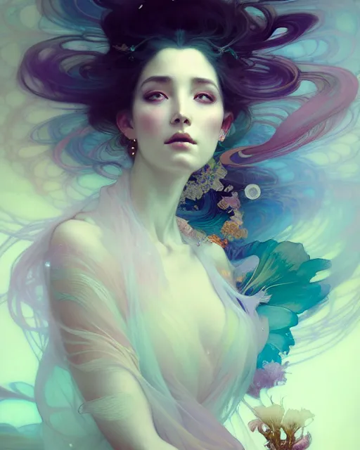 Prompt: ultrarealistic Portrait of ethereal deity wearing beautiful gown, calm, 4k digital masterpiece by Anna Dittman and Alberto Seveso Ruan Jia, rossdraws and alphonse mucha and loish and WLOP, fantasycore, Hyperdetailed, realistic digital painting, atmospheric, soft lighting, featured on Artstation