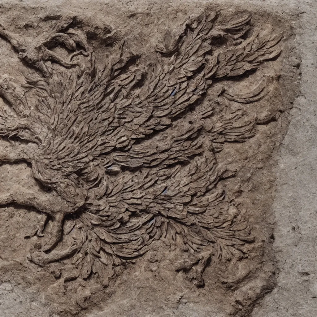 Prompt: a fossilized phoenix, museum photo