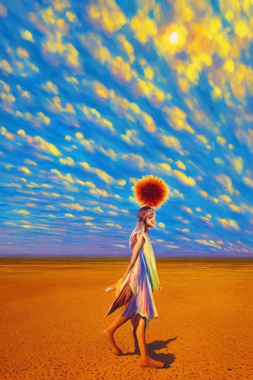 Image similar to giant corn flower head, girl walking in the desert, surreal photography, sunrise, dramatic light, impressionist painting, colorful clouds, digital painting, artstation, simon stalenhag