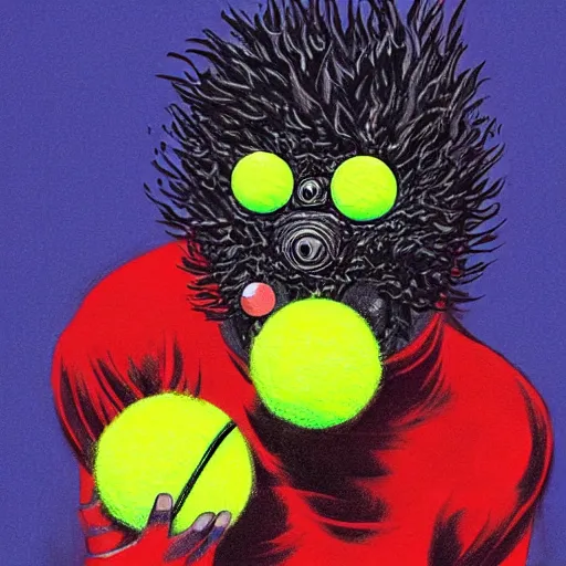 Image similar to a tennis ball monster ,tennis ball, tennis court, colorful, digital art, fantasy, magic, trending on artstation, ultra detailed, professional illustration by Basil Gogos