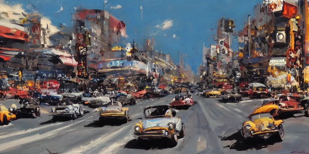 Image similar to hotrods driving down a street , vintage, highly detailed, 4K, by John Berkey
