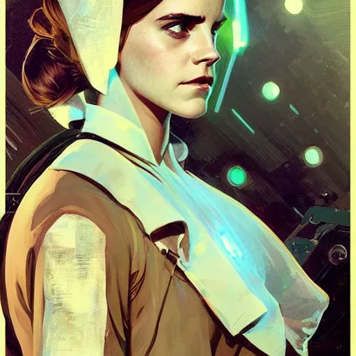 Prompt: Emma Watson as a synth in Fallout 4, gorgeous, beautiful, intricate, highly detailed, digital painting, artstation, oppressive lighting, concept art, sharp focus, illustration, art by greg rutkowski and alphonse mucha