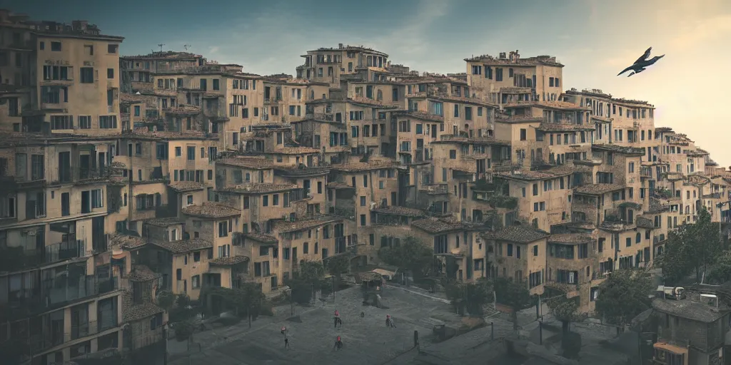 Image similar to street shot of a flying city, phalanster, comune houses, telephoto, anamorphic cinematography, volumetric lighting