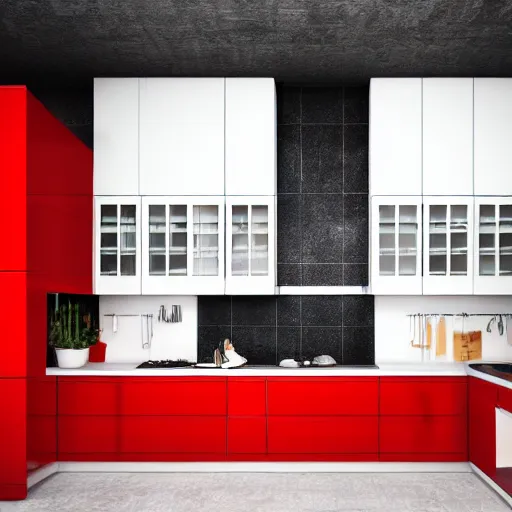 Image similar to photo of black kitchen fronts and furniture, red walls, white floor tiles, architecture, concept art