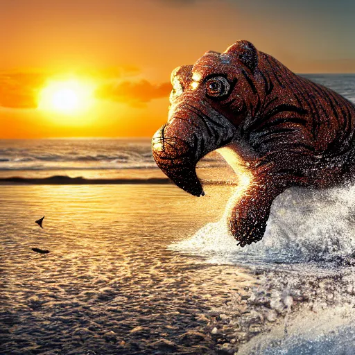 Image similar to a closeup photorealistic photograph of a cute smiling knitted tiger hippopotamus chasing after a beachball during sunset. surf in background. professional capture. this 4 k hd image is trending on artstation, featured on behance, well - rendered, extra crisp, features intricate detail, epic composition and the style of unreal engine.