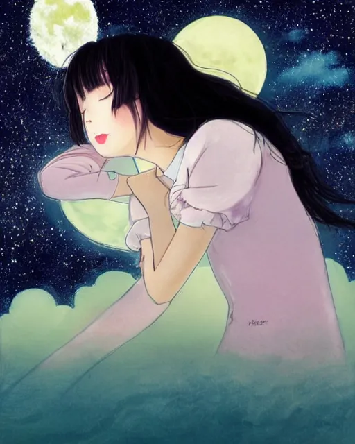 Image similar to a cute pastel night, Yukiko Sato is asleep, moon, starry, fireflies, her gorgeous luxurious black hair is lifted up as if underwater, blending into the night sky Milky Way, zero gravity hair, rule of thirds