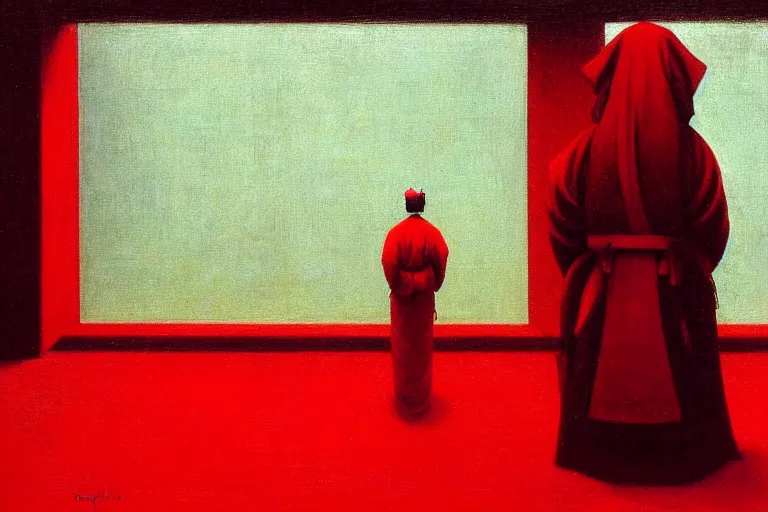 Image similar to only with red, a red samurai harakiri, tokio, a lot of frogs watch, in the style of beksinski, parts by edward hopper, parts by rodcenko, parts by yue minjun, intricate and epic composition, red by caravaggio, insanely quality, highly detailed, masterpiece, red light, artstation, 4 k