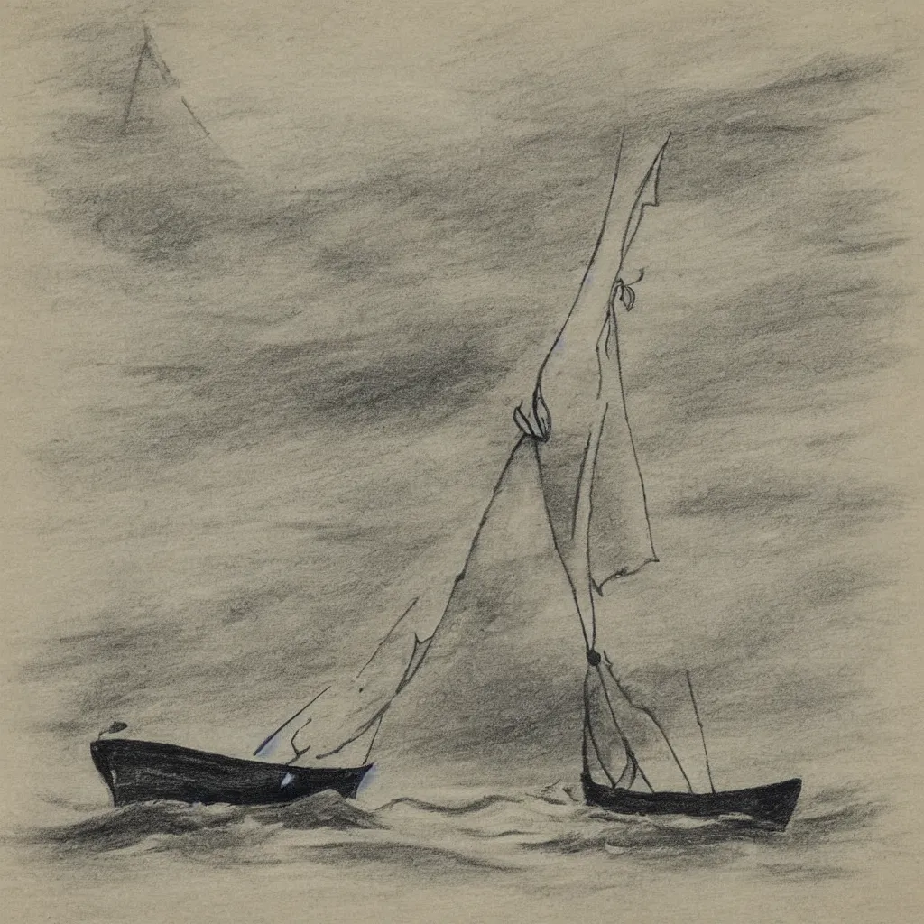 Prompt: vintage art deco drawing black and white sketch on yellowed paper. the sketch depicts a small fishing vessel with a sail from the side. the seas are stormy and the drawing is dark and moody