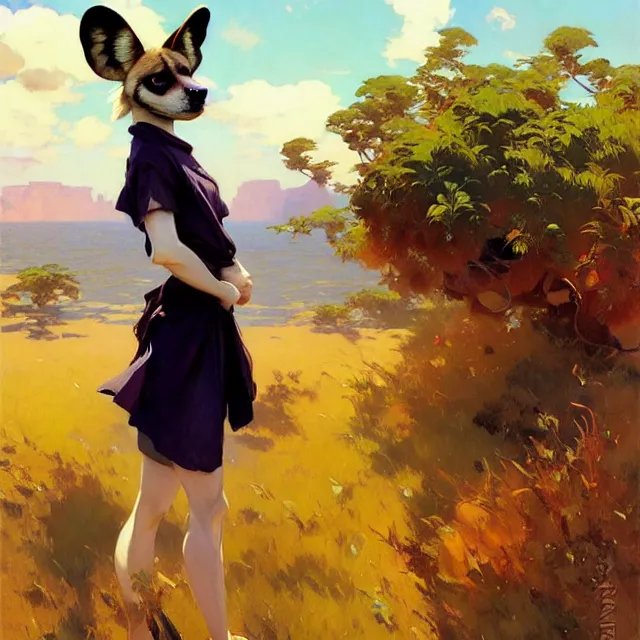 Image similar to a female character inspired by an african wild dog, short hair, basic background, krenz cushart, mucha, ghibli, by joaquin sorolla rhads leyendecker, by ohara koson