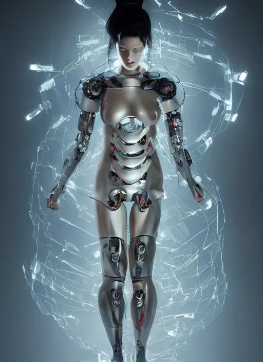 Image similar to portrait of a futuristic geisha cyborg walking in a digital storm with lens flairs, in the style of ghost in the shell, kintsugi, modern fine art, fractal, intricate, elegant, highly detailed, digital photography, subsurface scattering, by erwin olaf and greg rutkowski,