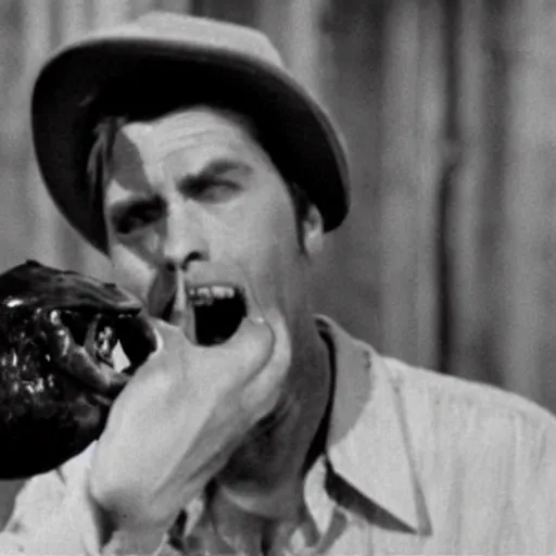 Prompt: a screen still of a man chewing on a carp from an episode of the twilight zone