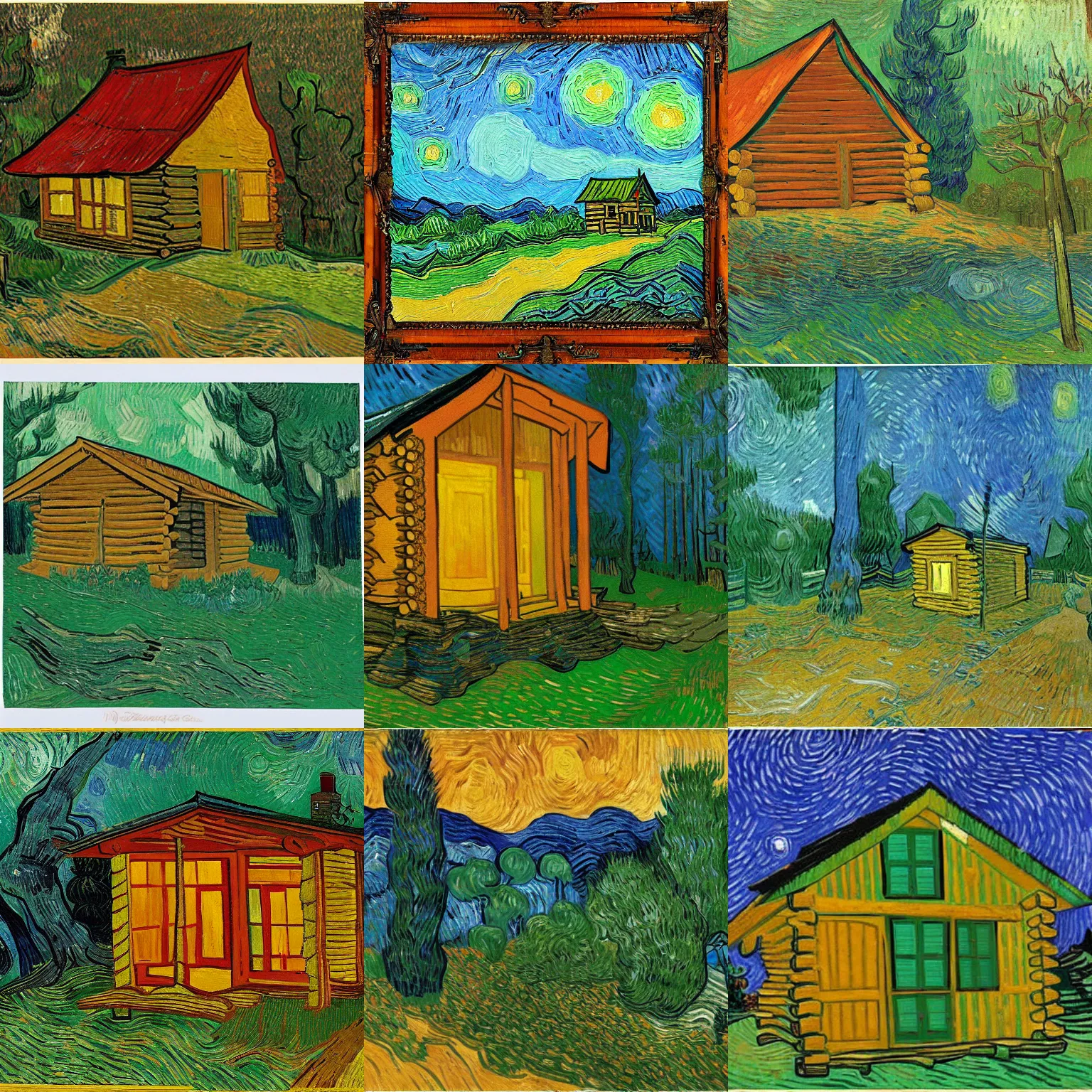 Prompt: [ a log cabin in the forest ] [ van gogh ] [ anger ]